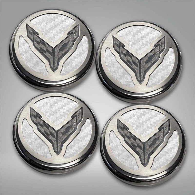 White Carbon Fiber Cap Cover Set w/Cross Flag for 20-22 Chevy Corvette C8 Coupe