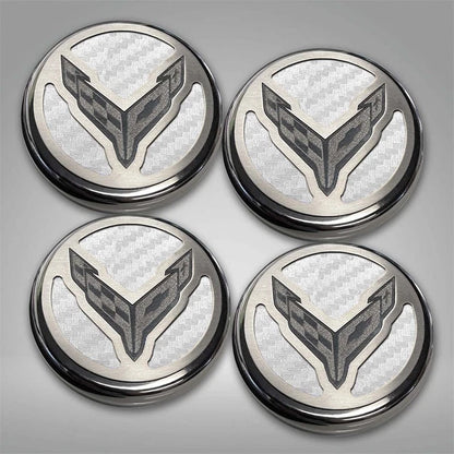 White Carbon Fiber Cap Cover Set w/Cross Flag for 20-22 Chevy Corvette C8 Coupe