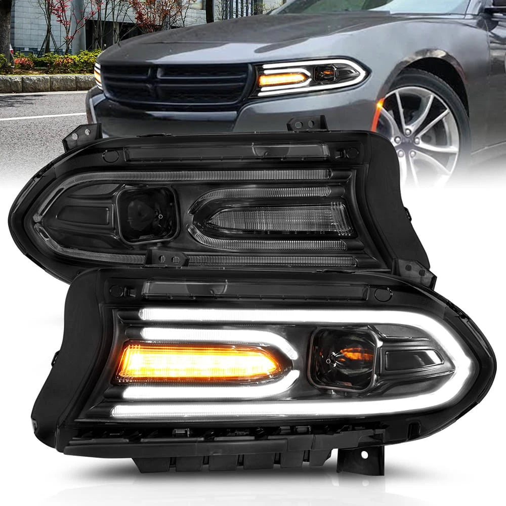 Black Clear Lens Projector Headlight Set for 2015-2023 Dodge Charger w/Halogen