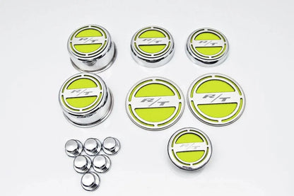 13pc Etched "R/T" Fluid Cap Covers w/Sublime Green Inlay for 2008-19 Challenger