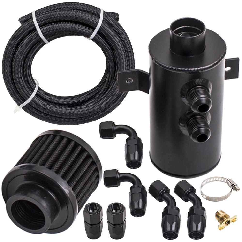 Black Aluminum Baffled Motor Oil Catch Can for Universal (750mL–45°)