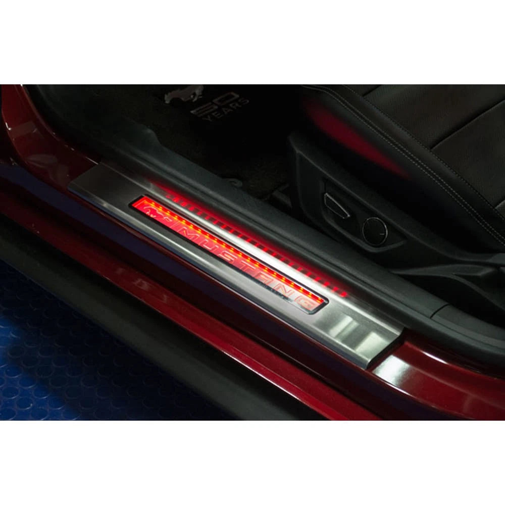 Stainless Steel Door Sill Trim Kit w/Green LED for 2015-2017 Ford Mustang