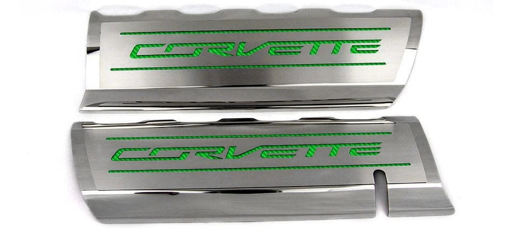 Fuel Rail Covers w/Green Carbon Fiber Vinyl "CORVETTE" Inlay for 14-19 Corvette