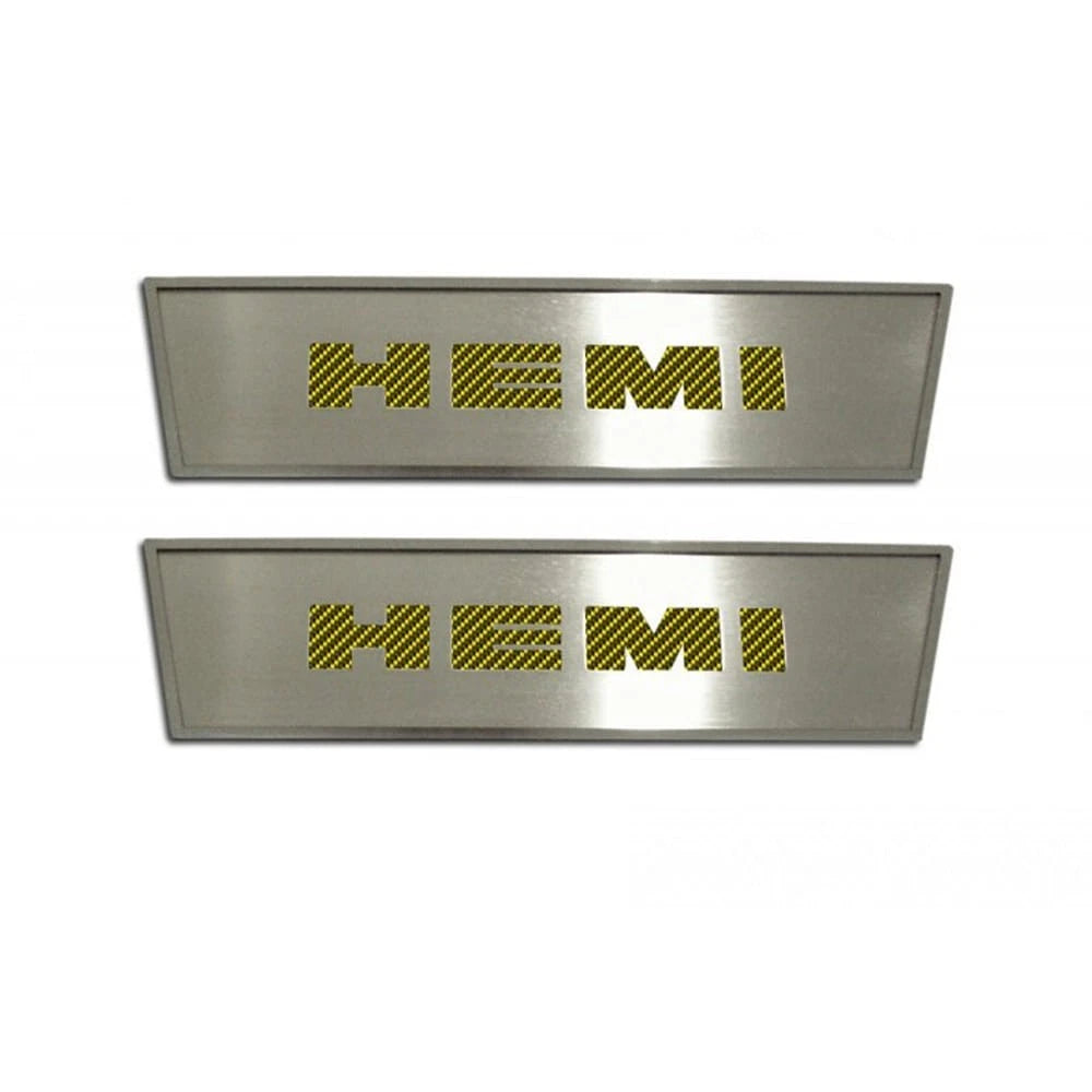 Brushed Door Badges w/Yellow Carbon Fiber 'HEMI' Inlay for 2008-2014 Challenger