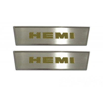 Brushed Door Badges w/Yellow Carbon Fiber 'HEMI' Inlay for 2008-2014 Challenger