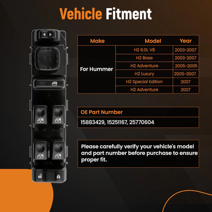 Front Left Master Power Window Control Switch for Hummer H2 (2003–2007)