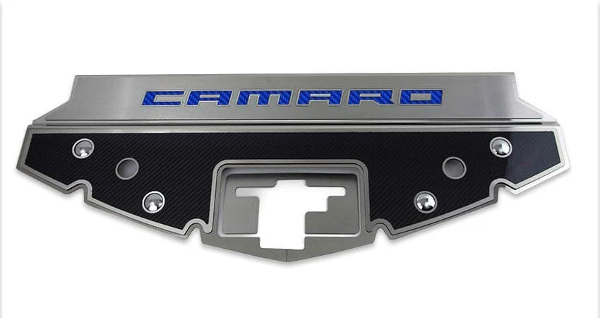 Carbon Fiber Front Header Plate w/Blue CF Vinyl "CAMARO" Inlay for 16-20 Camaro