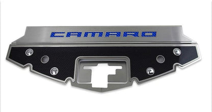 Carbon Fiber Front Header Plate w/Blue CF Vinyl "CAMARO" Inlay for 16-20 Camaro