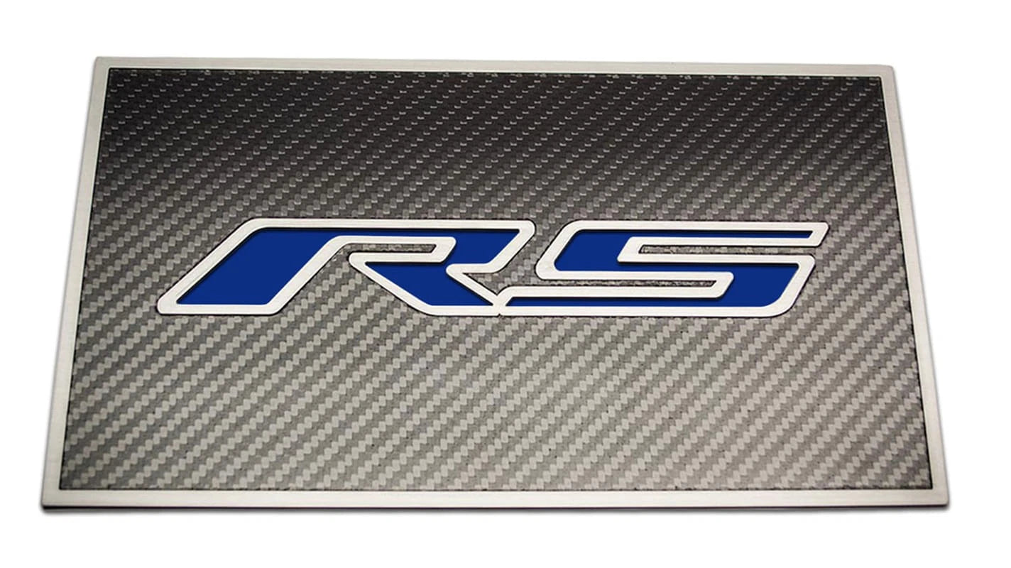 Carbon Fiber Fuse Box Cover Plate w/Dark Blue "RS" Inlay for 2016-2019 Camaro RS