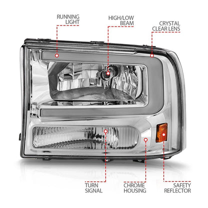 Headlight Set with Light Bar for Chrome Clear Lens Ford F-250 (1999–2004)