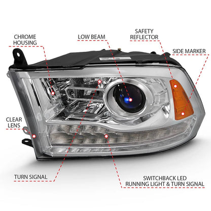 Chrome Clear Lens Projector Headlight Set w/Halo for 2011-2018 Ram 3500