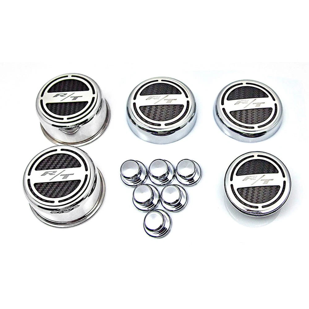 Chrome Cap Covers w/Orange Carbon Fiber Inlay for 2008-2016 Charger V8 R/T 5.7L