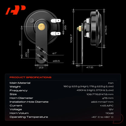 2X 76.5mm Black Metal Disc Horn with Connectors for Chevrolet Malibu