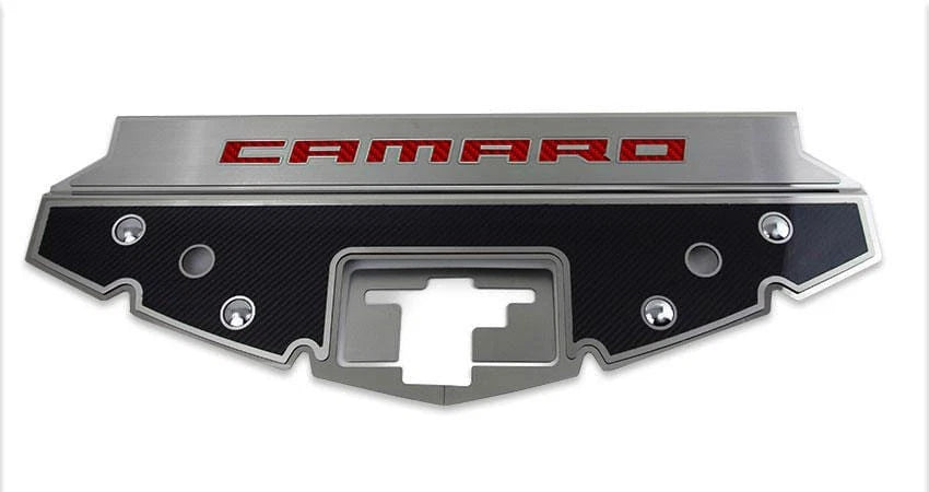 Carbon Fiber Front Header Plate w/Red CF Vinyl "CAMARO" Inlay for 2016-20 Camaro