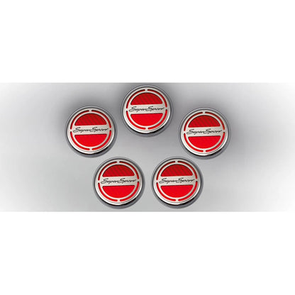 Chrome Cap Covers w/Red CF Inlay&'Super Sport' for 2010-2015 Camaro V8 Automatic