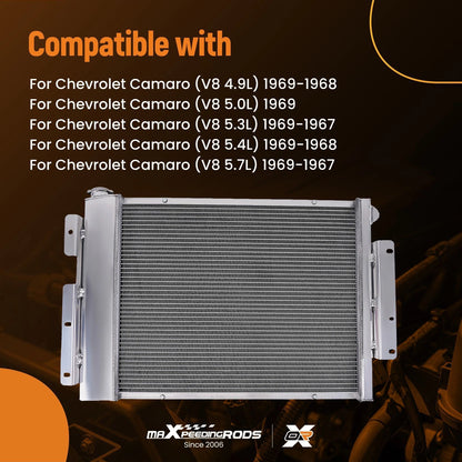 Aluminum 3-Row Radiator Shroud Fan Kit for Chevy Camaro V8 (1967–1969)