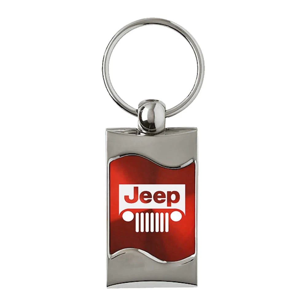 Grille Logo on Red Rectangular Wave Keychain - Officially Licensed for Jeep