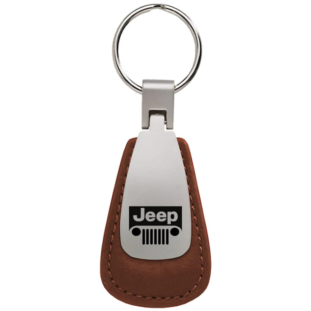 Grille on Brown Leather Teardrop Keychain - Officially Licensed for Jeep
