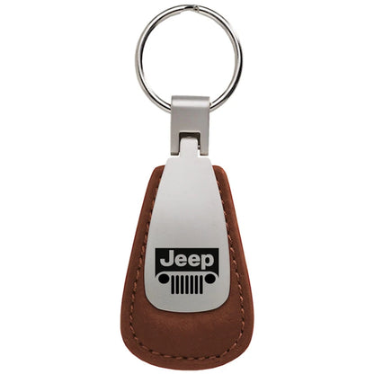 Grille on Brown Leather Teardrop Keychain - Officially Licensed for Jeep