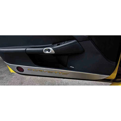Laser Cut Door Guards w/White C-Fiber Vinyl "Corvette" Inlay for 05-13 Corvette
