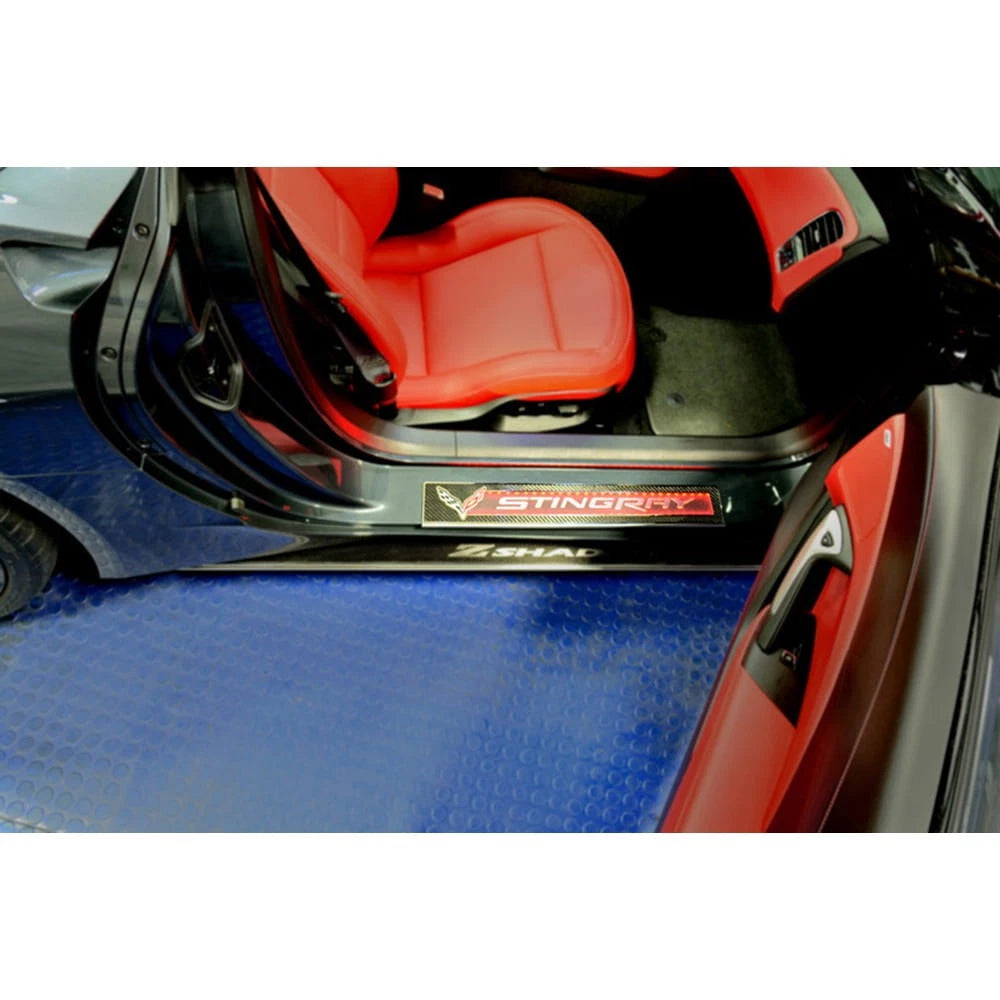 Carbon Fiber Door Sill Overlays w/Red LED for 14-19 Corvette Z06 fits OEM Sills