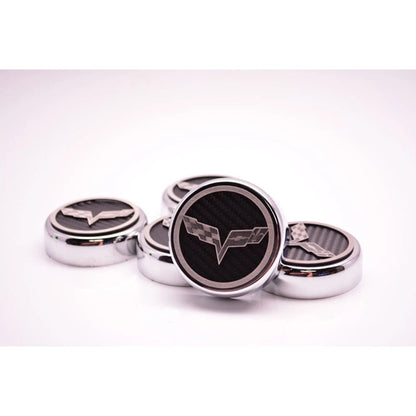 Chrome Cap Covers w/Red Carbon Fiber Flags Inlay for 2005-13 Corvette Automatic