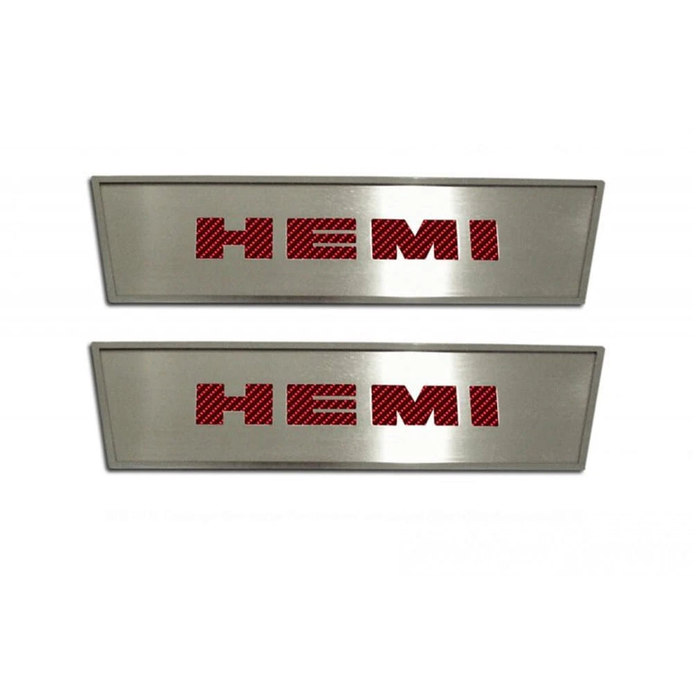 Brushed Door Badges w/Red Carbon Fiber 'HEMI' Inlay for 2008-14 Dodge Challenger