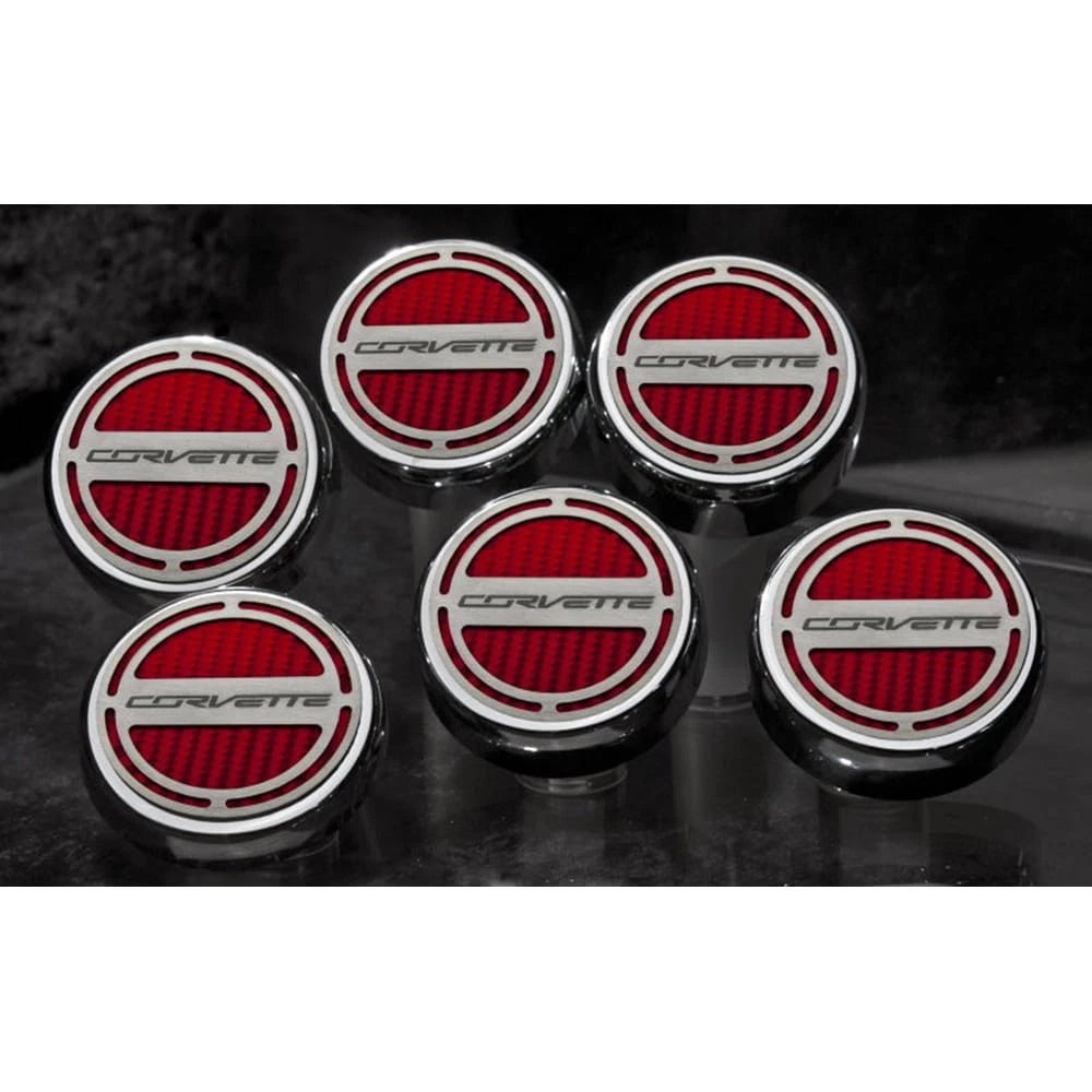 Chrome Corvette Cap Covers w/Yellow C-Fiber Inlay for 14-19 Corvette Z06 Manual