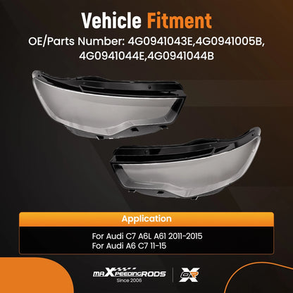 Headlight Lens Cover Pair for Audi A6 C7 (2011–2015) Left and Right