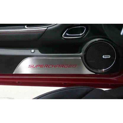 Stainless Door Kick Plates w/Yellow Vinyl "Supercharged" Inlay for 10-15 Camaro
