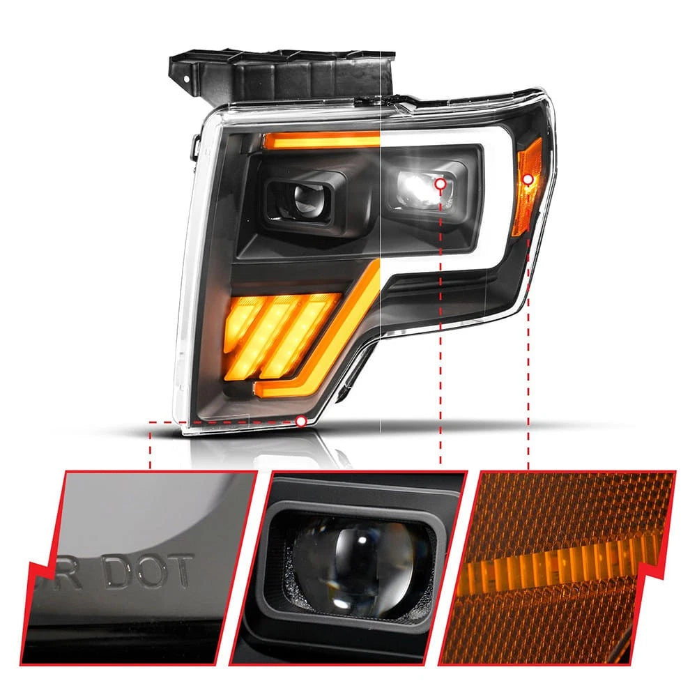 LED Projector Headlights Black Clear Lens Replacement for Ford F-150 (2009–2014)