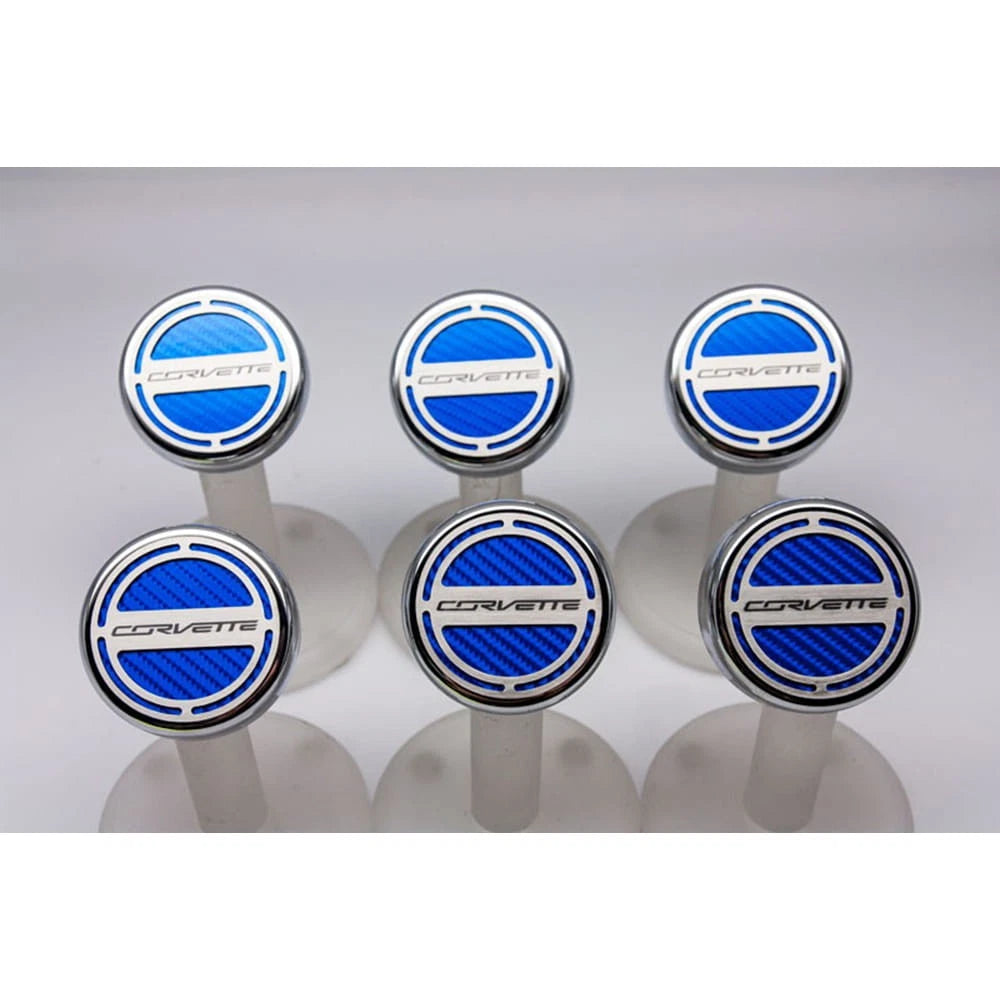 Chrome 'Corvette' Cap Covers w/Blue C-Fiber Inlay for 14-19 Corvette Z06 Manual