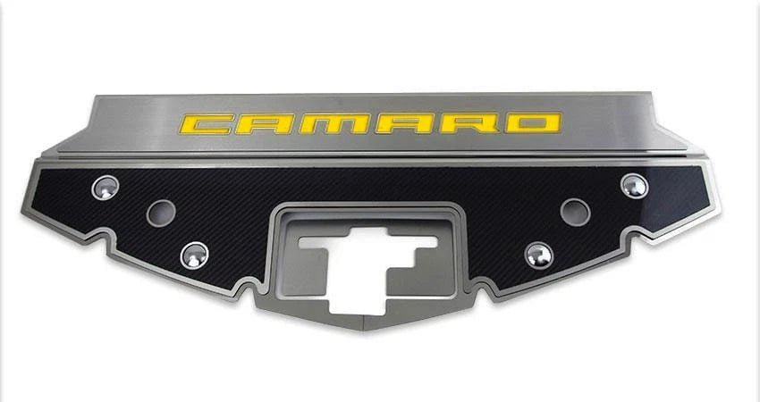 Carbon Fiber Front Header Plate w/Yellow LED&"CAMARO" Logo for 2016-2020 Camaro