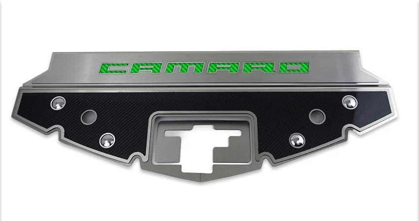 Carbon Fiber Front Header Plate w/Green CF Vinyl "CAMARO" Inlay for 16-20 Camaro