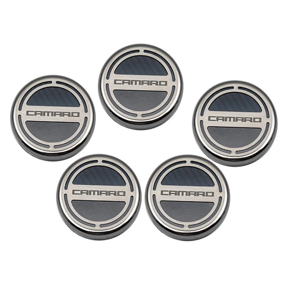 Chrome Cap Covers w/Black C-Fiber Inlay&'Camaro' for 2010-15 Camaro V8 Automatic
