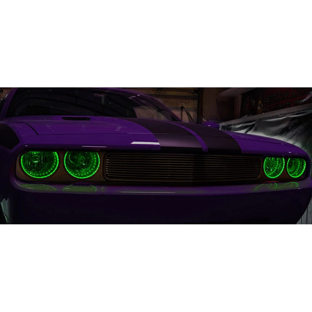 Brushed Stainless Headlight Surrounds with Green LED for Dodge Challenger (2008–2014)
