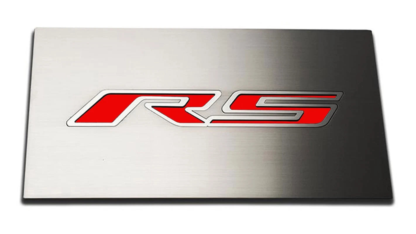 Brushed Fuse Box Cover Plate w/Bright Red Vinyl "RS" Inlay for 2016-19 Camaro RS