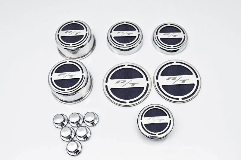 13pc Etched "R/T" Fluid Cap Covers w/Black Brushed Inlay for 2008-19 Challenger