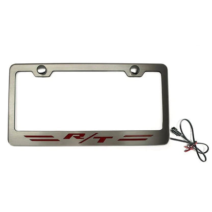 Brushed Steel Striped Plate Frame w/Red LED&"R/T" Logo for Challenger/Charger