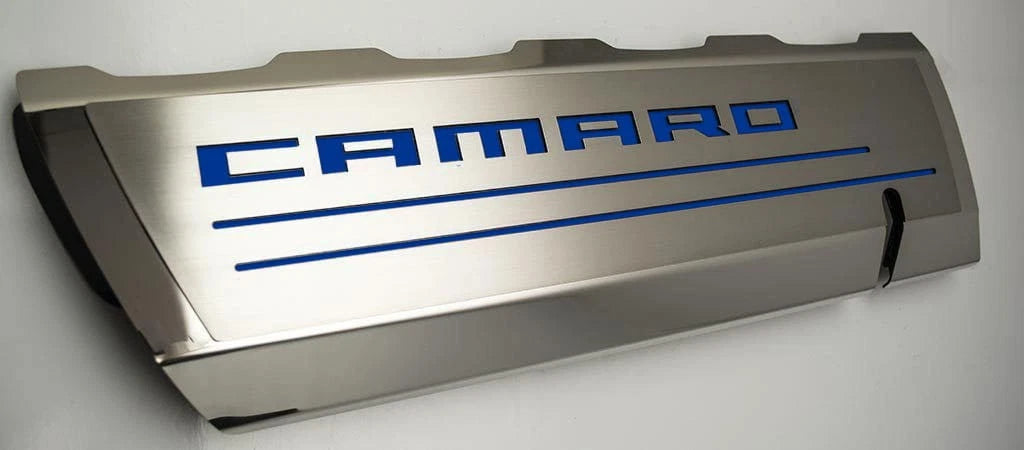 Top Plates w/Dark Blue Vinyl "CAMARO" Inlay for 16-20 Camaro SS w/ACC Fuel Rails