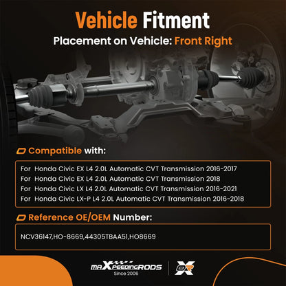 Front Passenger Right CV Joint Axle for Honda Civic 2.0L LX EX (2016-2021)
