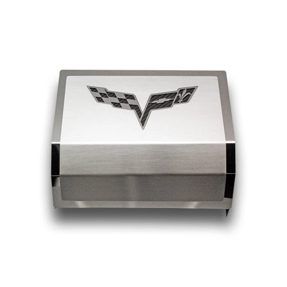 Stainless Fuse Box Cover w/White Carbon Fiber Flags Inlay for 2005-2013 Corvette