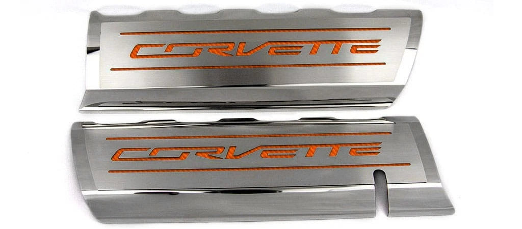 Fuel Rail Covers w/Orange Carbon Fiber Vinyl "CORVETTE" Inlay for 14-19 Corvette