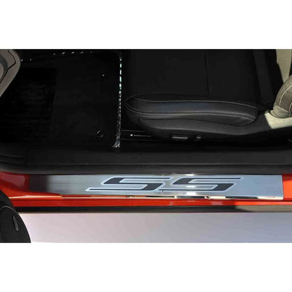 2pc Stainless Door Sill Trim Kit w/Black Solid Vinyl "SS" Inlay for 10-15 Camaro
