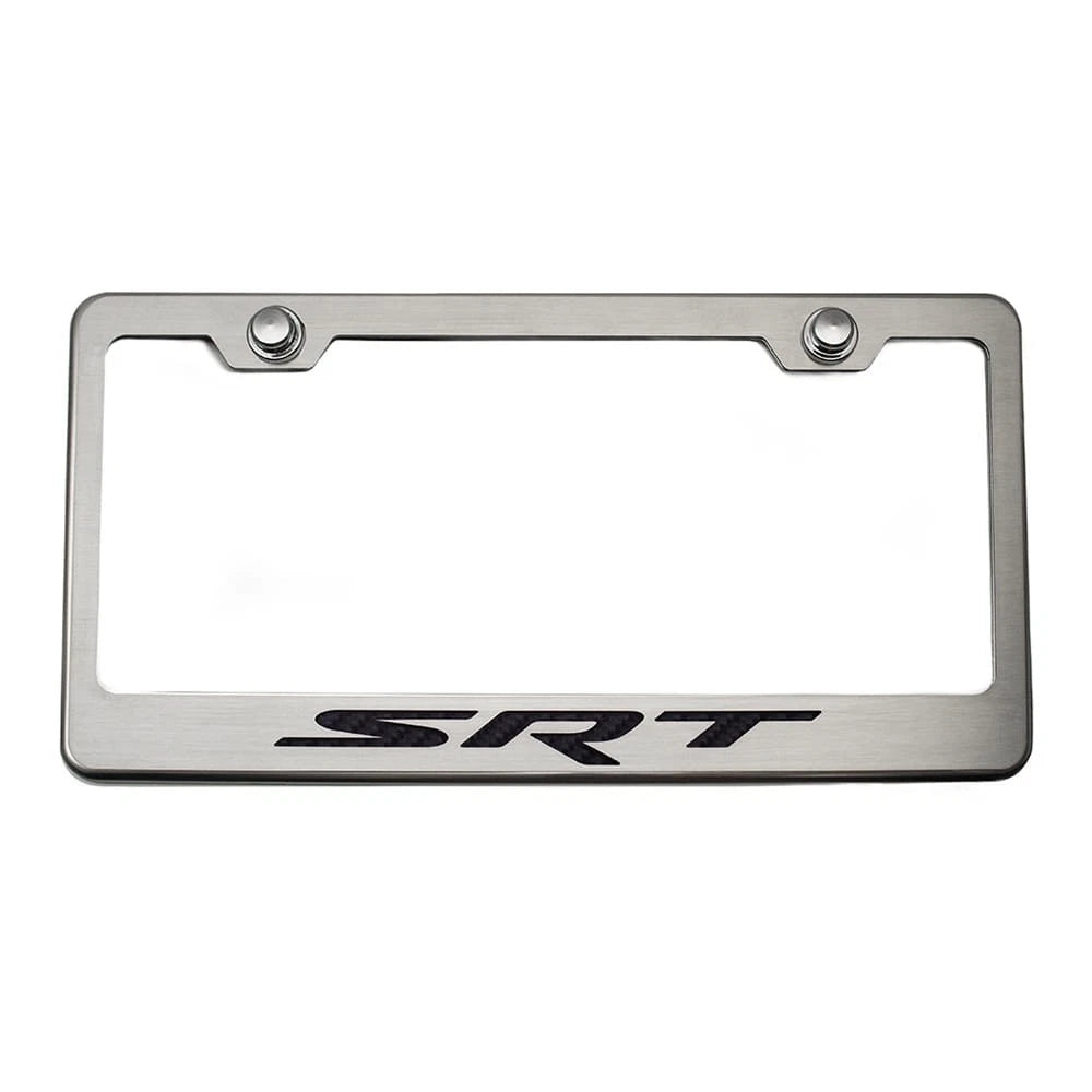 Brushed Stainless Steel Plate Frame w/Black "SRT" Inlay for Challenger/Charger