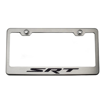 Brushed Stainless Steel Plate Frame w/Black "SRT" Inlay for Challenger/Charger