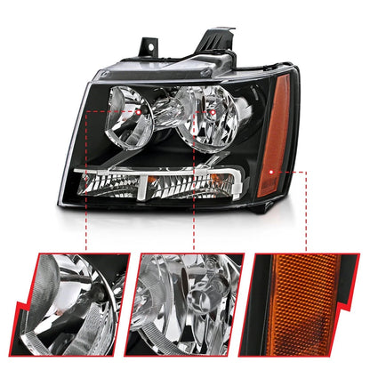 Crystal Headlight Set Black Clear Lens for 2007–2014 Chevrolet Tahoe