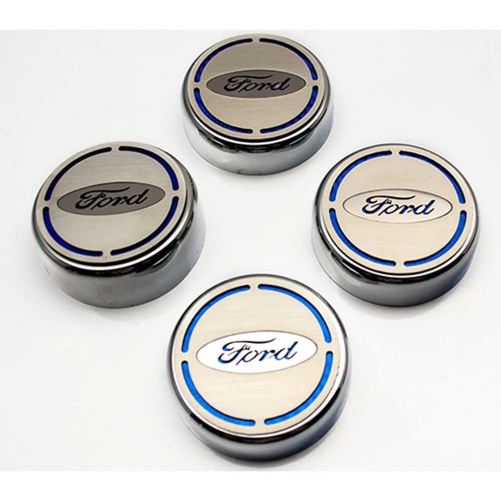 4pc Chrome Cap Covers w/Orange Fury Vinyl Ford Oval Inlay for 2015-2016 Mustang
