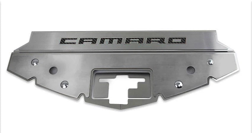 Brushed Front Header Plate w/Black C-Fiber Vinyl "CAMARO" Inlay for 16-20 Camaro