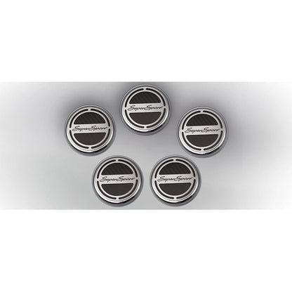 Chrome Cap Covers w/Green Inlay&'Super Sport' for 2010-2015 Camaro V8 Automatic
